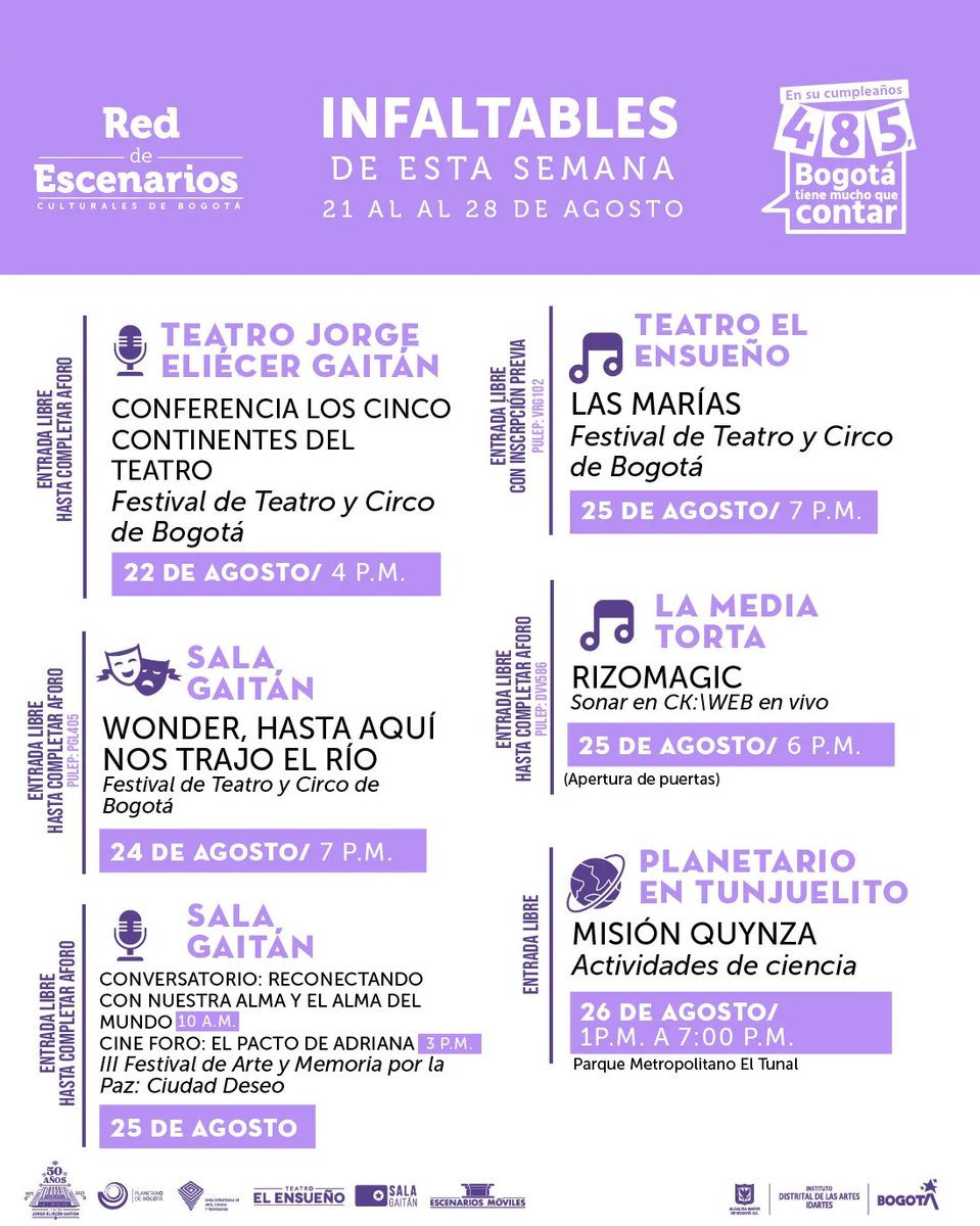 idartes's tweet photo. Llegaron los #Infaltables de la semana. 🎼🎭💃🏻
Agéndate con tu parche y disfruta la mejor programación que los Escenarios del Idartes tienen para ti, algunos con entrada libre. 🥳🤩
#EscenariosDeBogotá https://t.co/EoaMaraejg