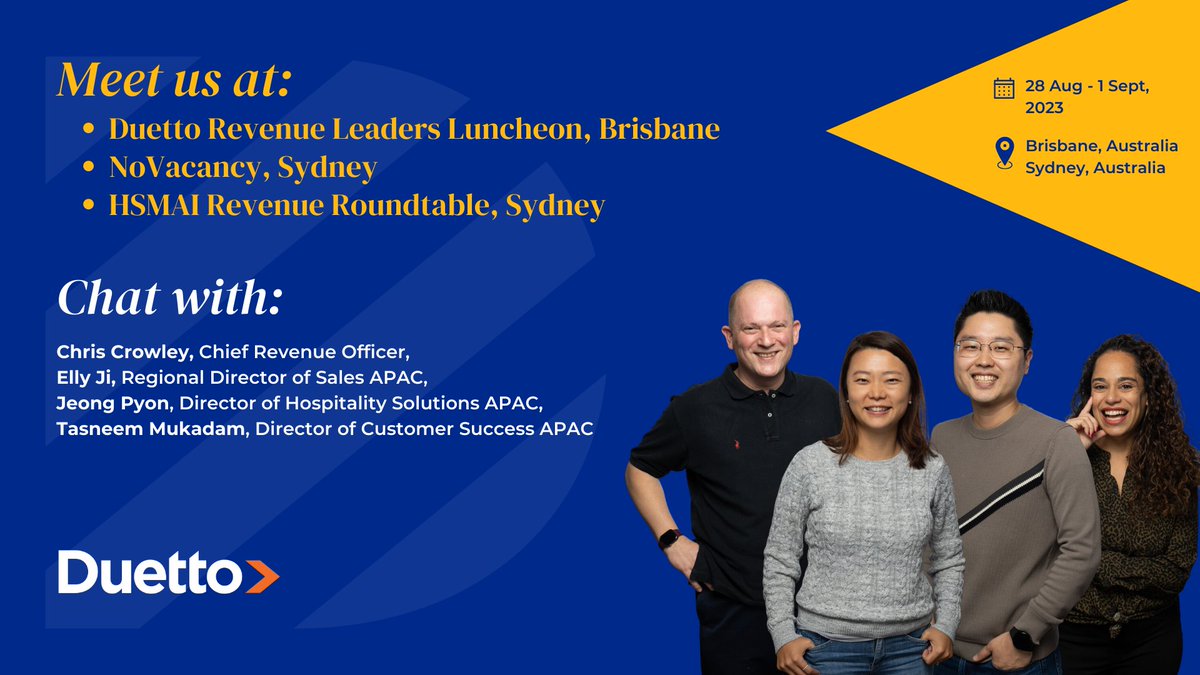 The Duetto APAC team is gearing up to tour Australia next week! 

Find us at:
Duetto Revenue Leaders Luncheon, Brisbane
#NoVacancy, Sydney
@HSMAIASIA Revenue Roundtable, Sydney

See you there! 🚀

#RevenueOptimization #HospitalitySolutions #APACRegion #TotalProfitability