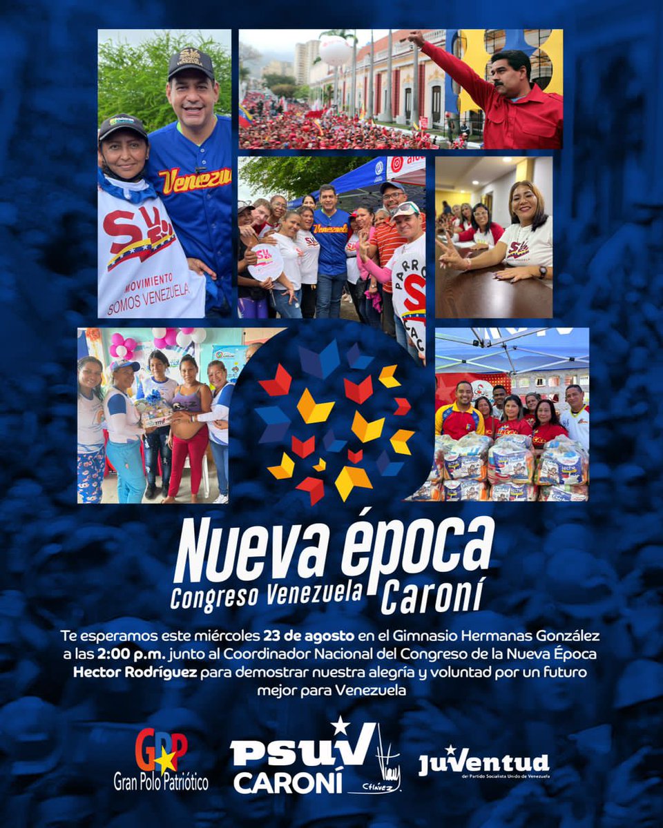 OviedoPSUV's tweet photo. La Nueva Época está aquí y también nuestro compromiso con las nuevas ideas y el progreso del país, así que te esperamos mañana desde las 2:00 pm en el Gimnasio Hermanas González junto al Coordinador Nacional, @HectoRodriguez. ¡Vente al congreso!

#ConsensoDeVenezuela https://t.co/5LGdomxTC6