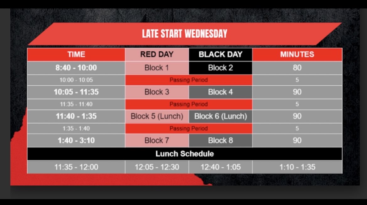 Hey Bulldogs, tomorrow is late start Wednesday. Your first class tomorrow is Block 2 starting at 8:40am. Enjoy your first day of blocks 2, 4, 6, &amp; 8! 
<a href="/CentralBulldog/">Central High School</a> 
#CHS #BulldogNation