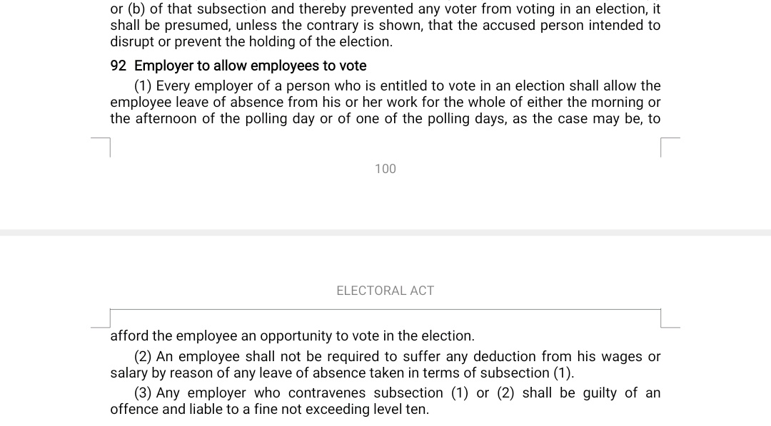 tapiwa_chiriga's tweet photo. Section 92 of the Electoral Act REQUIRES your employer to afford you an opportunity to go and vote. It's the LAW.
#TakaNoVoter https://t.co/q8Q4mUD143
