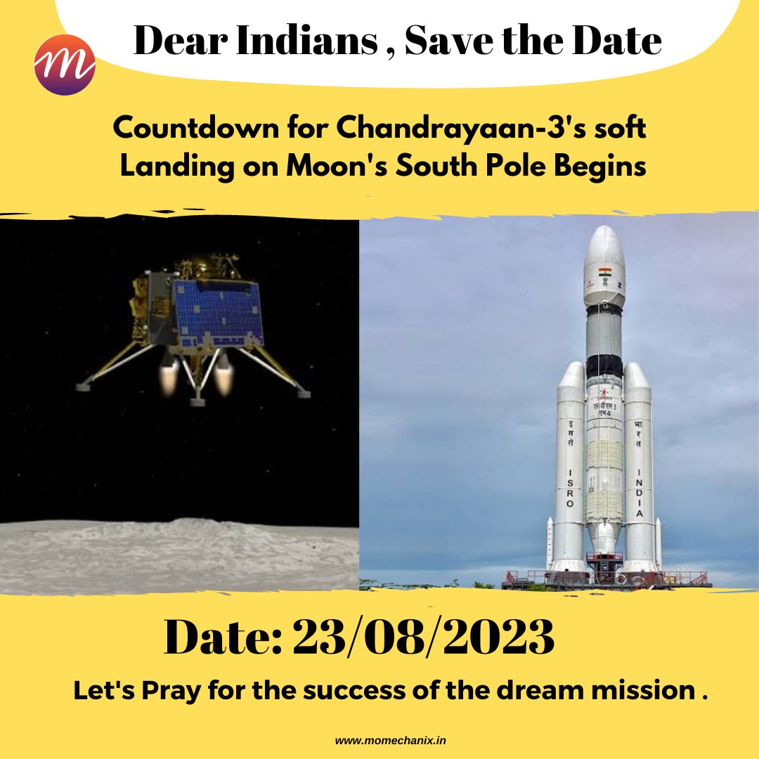 MOMECHANIX's tweet photo. Chandrayaan-3's lander is planned to gently land on the Moon around 6:04 pm on August 23, 2023.

Hope and prayer for the big day.

#chandrayan3 #chandrayaan3landing #chandraya3mission #isro #isromissions #moon #missionmoon #proudmoment #forindia #momechanix #momechanic https://t.co/fFkLjEFDrp