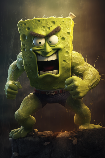 🌟 When animated worlds collide... 🔥 Get ready for the most unexpected partnership: SpongeBob and the Hulk as you've never seen them before! 🎉🎭 Drop a like if you're loving this spectacular artwork! 👍🎨 #EpicCrossoverArt #SpongeBobXHulkVibes
#AIGC
#MidjourneyAI 
#Promptshare