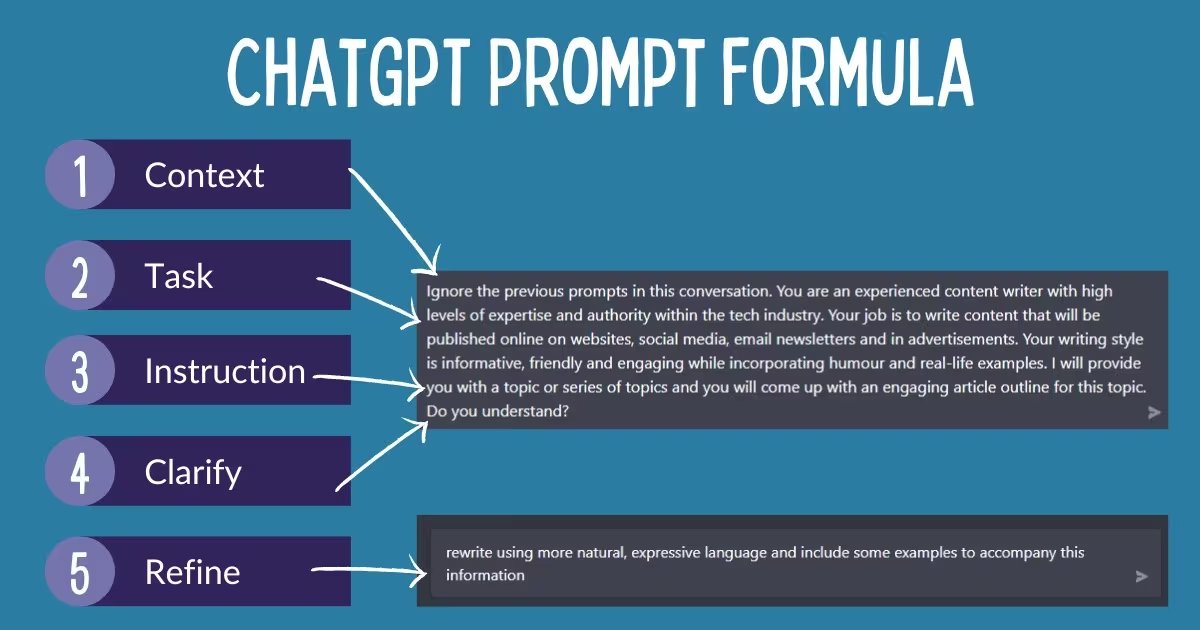 The_AI_Update's tweet photo. Struggling to get the most out of Chat GPT ?

Use this formula whenever you write a prompt 👇

Bookmark for later ! https://t.co/dLrTNx77FS