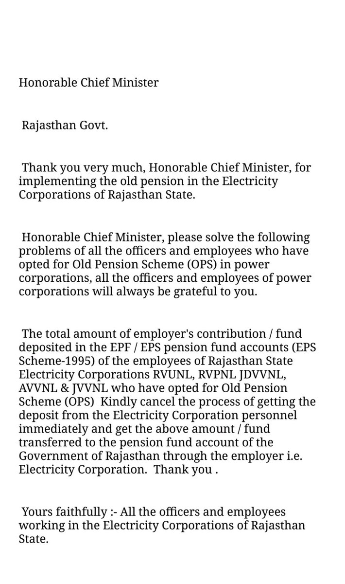 People's hero #Chief Minister, get the following problems resolved for all the officers and employees who have opted for Old Pension Scheme (OPS) in the five companies of Rajasthan Energy Department.

<a href="/ashokgehlot51/">Ashok Gehlot</a>
<a href="/PrthveerajG/">prathviraj gurjar</a>
<a href="/1stIndiaNews/">First India News</a>
<a href="/NileshY98459570/">#Nilesh Yadav# एक_पेंशनविहीन_कर्मचारी🙏</a> 
@JVVNLmothiya347