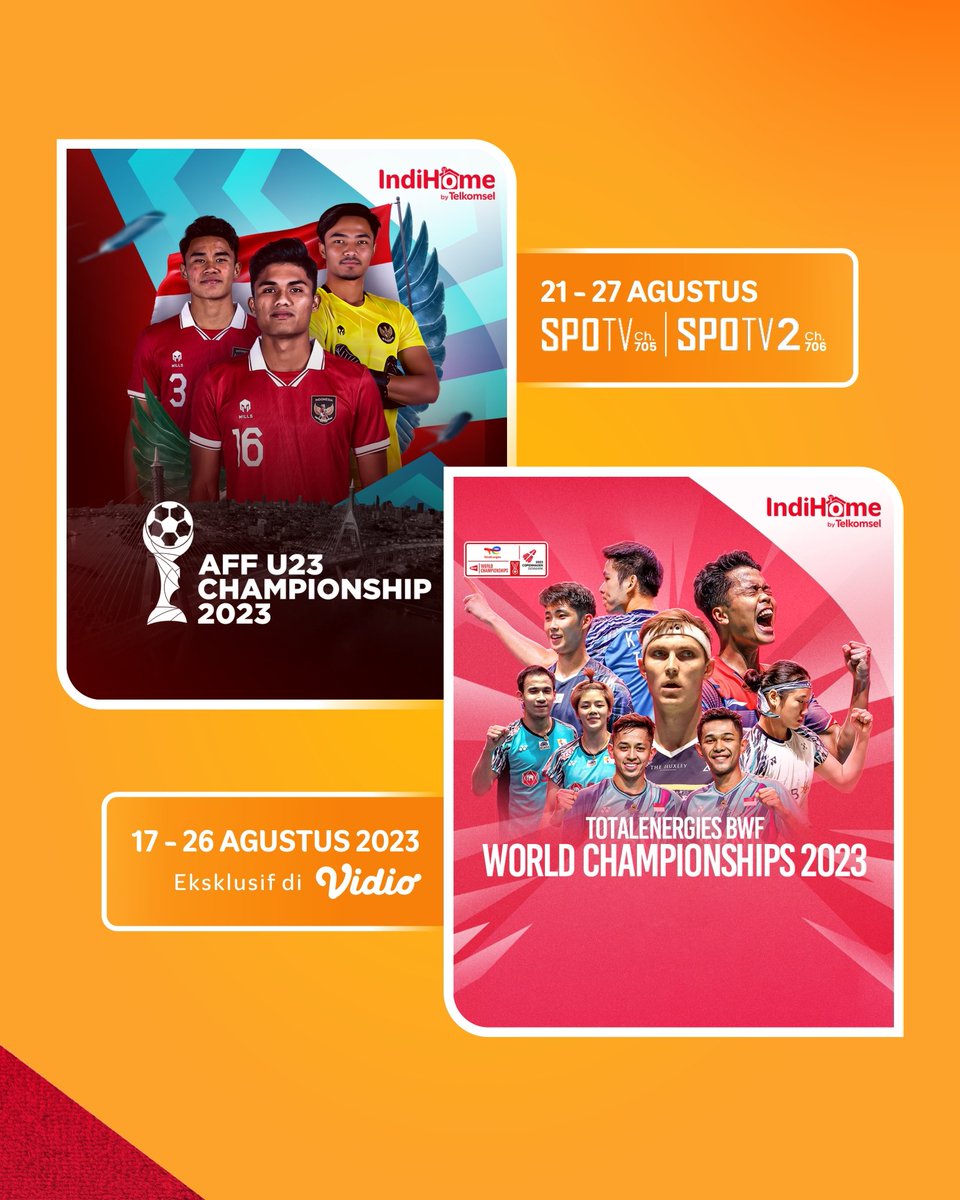 Lagi ada yang berlaga mewakili Indonesia nih, Sobat! Yuk, kita dukung dengan menyaksikan pertandingannya!
 
Catat channel dan jadwal tayangnya supaya gak ketinggalan, Sobat ✨

#IndiHomebyTelkomsel
#BersatuLebihMudah