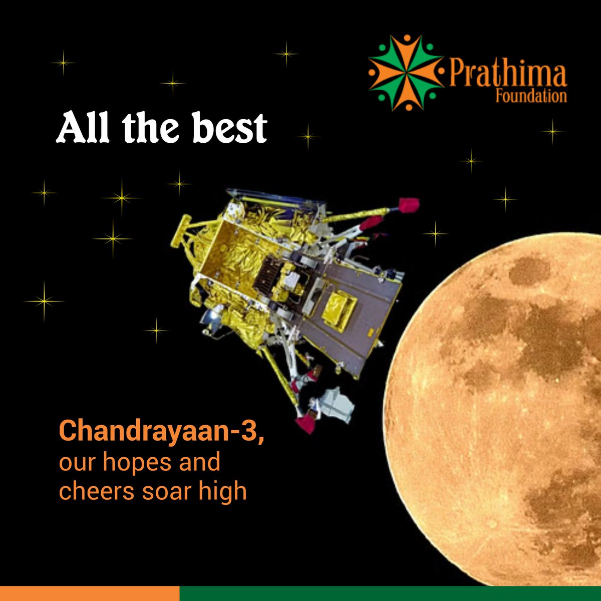 All the best Chandrayaan-3, our hopes and cheers soar high.

#chandran3 #isro #Chandrayan #IndiaInSpace #SpaceScience #MoonMission #IndiaOnTheMoon #MissionToTheMoon #ISROMissions #MoonMission2023 #IndiaSpaceProgram #prathimafoundation #prathima #pf #bestfoundation