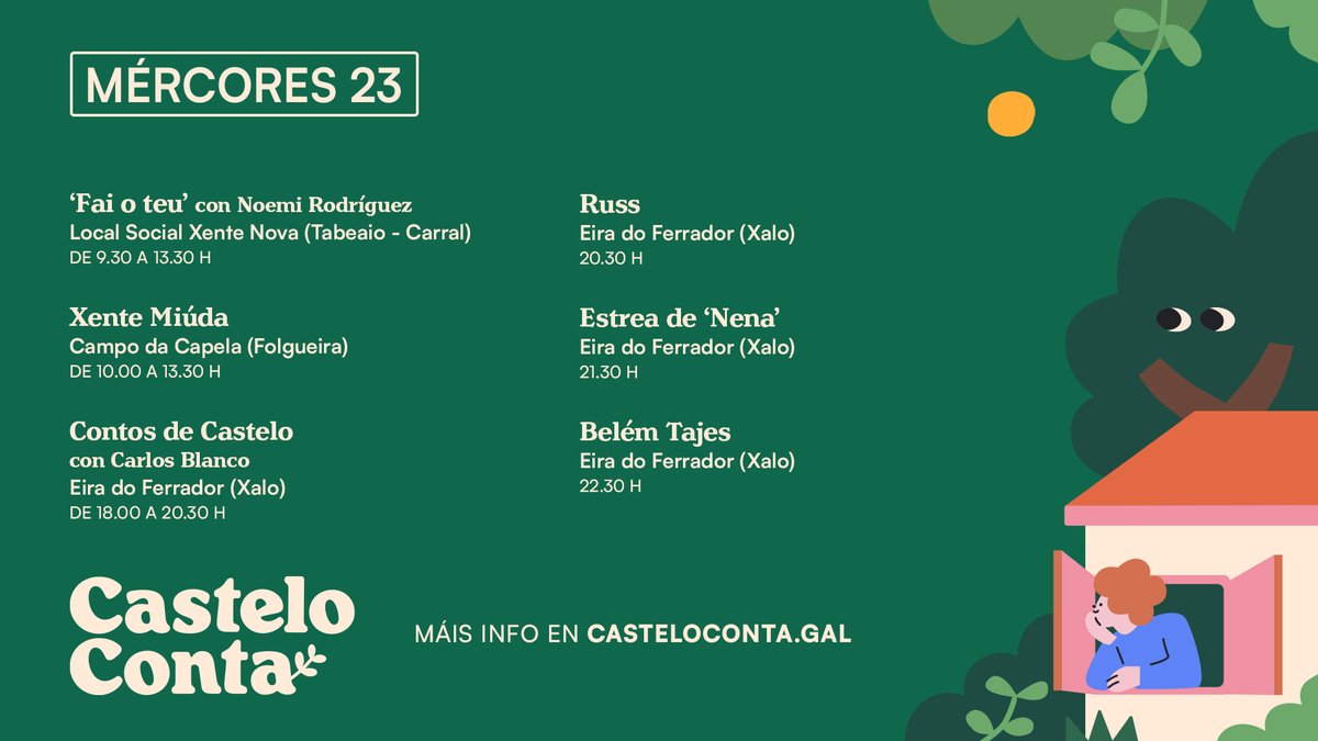 CasteloConta's tweet photo. 🌿 Así vén o mércores no #CasteloConta!

ℹ️ na app do Castelo Conta e en https://t.co/medaEmQccI 

🏦 @ConcCulleredo · @DACCultura · @CulturaXunta · #Xacobeo 

🐄🍻 @deleitegalego ·  @estrellagalicia
🫶 @castelodeporte · CMVMC de Castelo 
🍷📦 @MendezRojo_es · Cartón Atlántica https://t.co/mYVhCR3I67