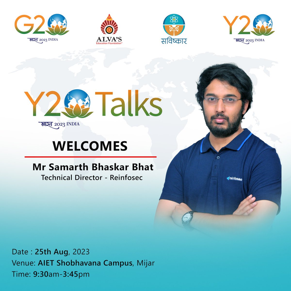 IndiaY20's tweet photo. @SavishkarIndia and Alvas Institute Of Engineering and Technology are jointly hosting the Y20 Talks on Cybersecurity in India: Challenges and Opportunities!

Enhance your cybersecurity knowledge with Mr Samrath Bhaskar Bhat, Technical Director - Reinfosec. https://t.co/Hr6k3F5Fod