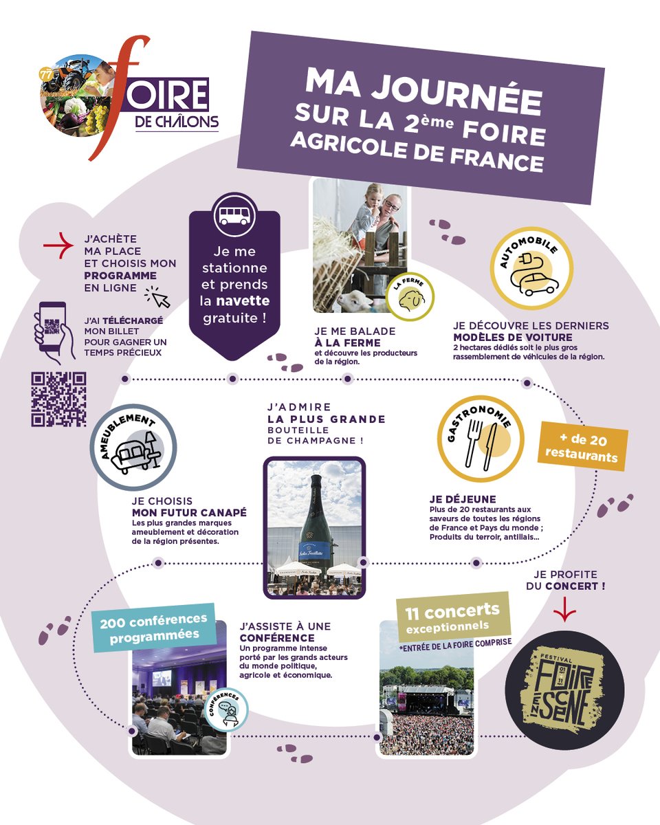 𝘘𝘜𝘌 𝘍𝘈𝘐𝘙𝘌 𝘈̀ 𝘓𝘈 𝘍𝘖𝘐𝘙𝘌 ? 🤔

Nous vous proposons une journée entière pour visiter, découvrir, manger, se renseigner et enfin chanter à la 77ème Foire de Châlons ! 🎉

Et vous, dites-nous quel est votre programme lors de votre venue ? 👇