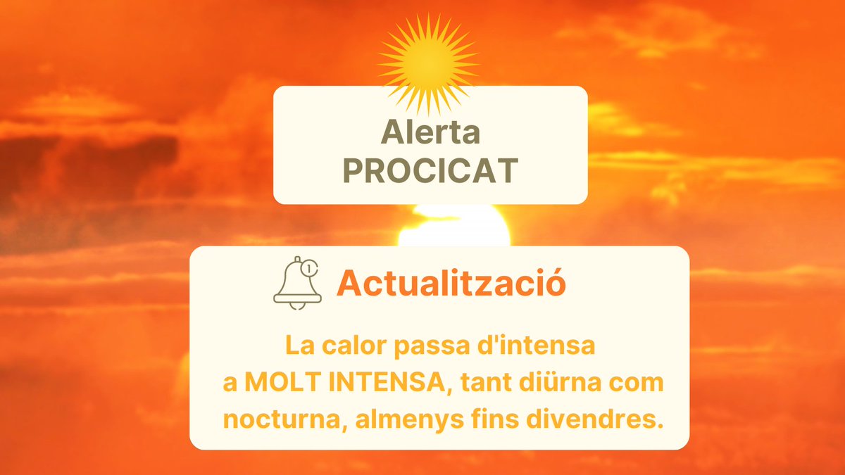 ☀️ Es manté l'ALERTA del PROCICAT per calor, que passa d'intensa a molt intensa, tant diürna com nocturna, almenys fins divendres.

🌳 Consulta els Refugis climàtics i com prevenir la calor i els incendis santfeliu.cat/go.faces?xmid=…

🔴  Recorda a + que a #SantFeliu... 👇