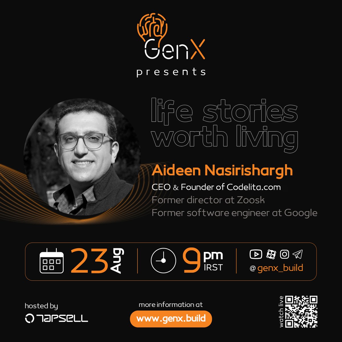 GenX_build's tweet photo. 📣 به تاک‌شوی (احتمالا) آخرمون رسیدیم!

🗣 این بار با آیدین نصیری‌شرق گپ خواهیم زد. آیدین موسس و مدیرعامل استارتاپ Codelita تو آمریکاس که داره تلاش می‌کنه همه بتونن برنامه‌نویسی می‌کنن. قبلا تو شرکت‌هایی مثل Google و Zoosk مهندس ارشد نرم‌افزار بوده. https://t.co/ogFDljYEM4