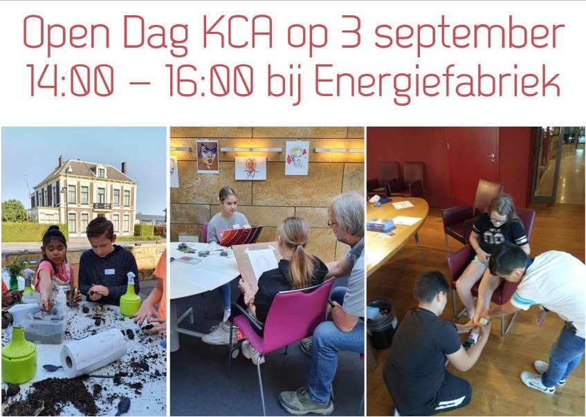 Op zondag 3 september vindt onze jaarlijkse Open Dag plaats op onze (tijdelijke) locatie bij Energiefabriek op het Zwitsalterrein.
Van 14.00 tot 16.00 uur kunnen kinderen uit groep 7 en 8, samen met hun ouders, kijken wat KCA is en doet.