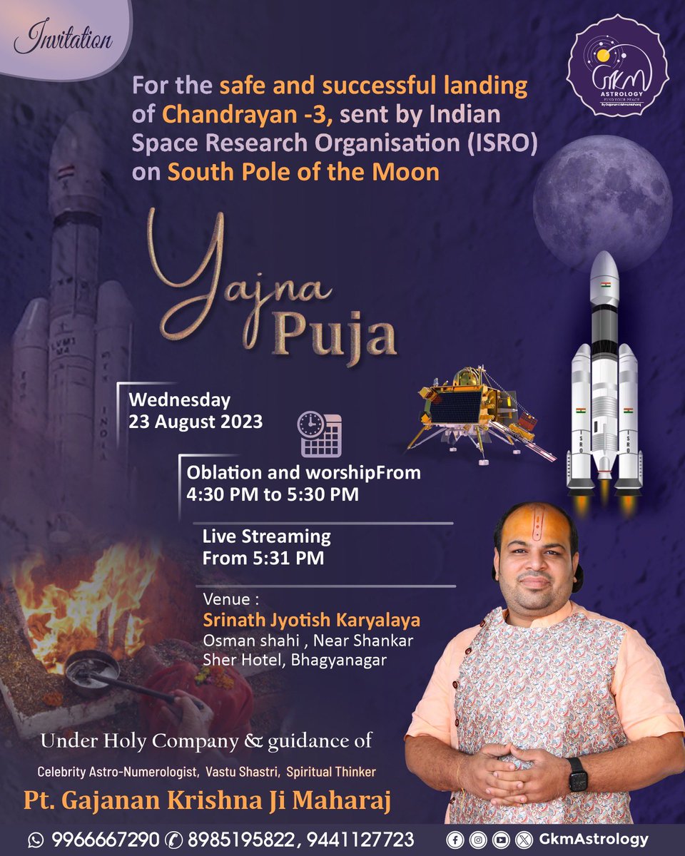Gkmastrology's tweet photo. Will you also offer sacrifices and take part for the success of ISRO's Chandrayaan mission?

Please do Join Us.

ISRO के मिशन चांद्रायण की सफलता के लिए आप भी आहुति दोगे ना ?

अवश्य पधारें ।

#CH_3 #Chandrayaan3Mission #Chandrayaan_3 #Ch3 #Chandrayaan3 #Chandrayaan https://t.co/XsfcsNcqXv