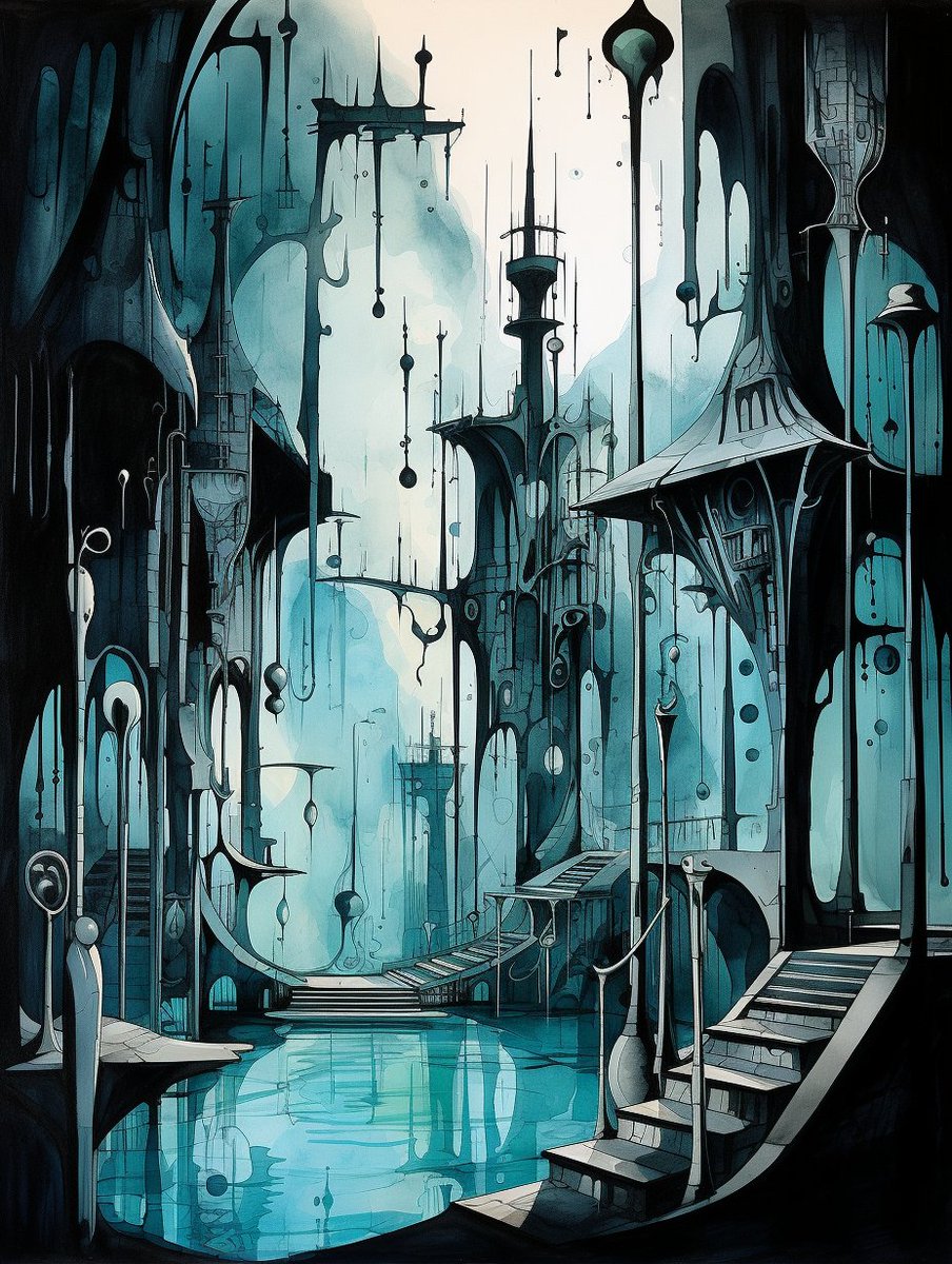painting of a haunted hall, in the style of cartoon-like figures, fantastical contraptions, ink-washed, bauhaus, dark cyan and light black, pictorialism --ar 3:4