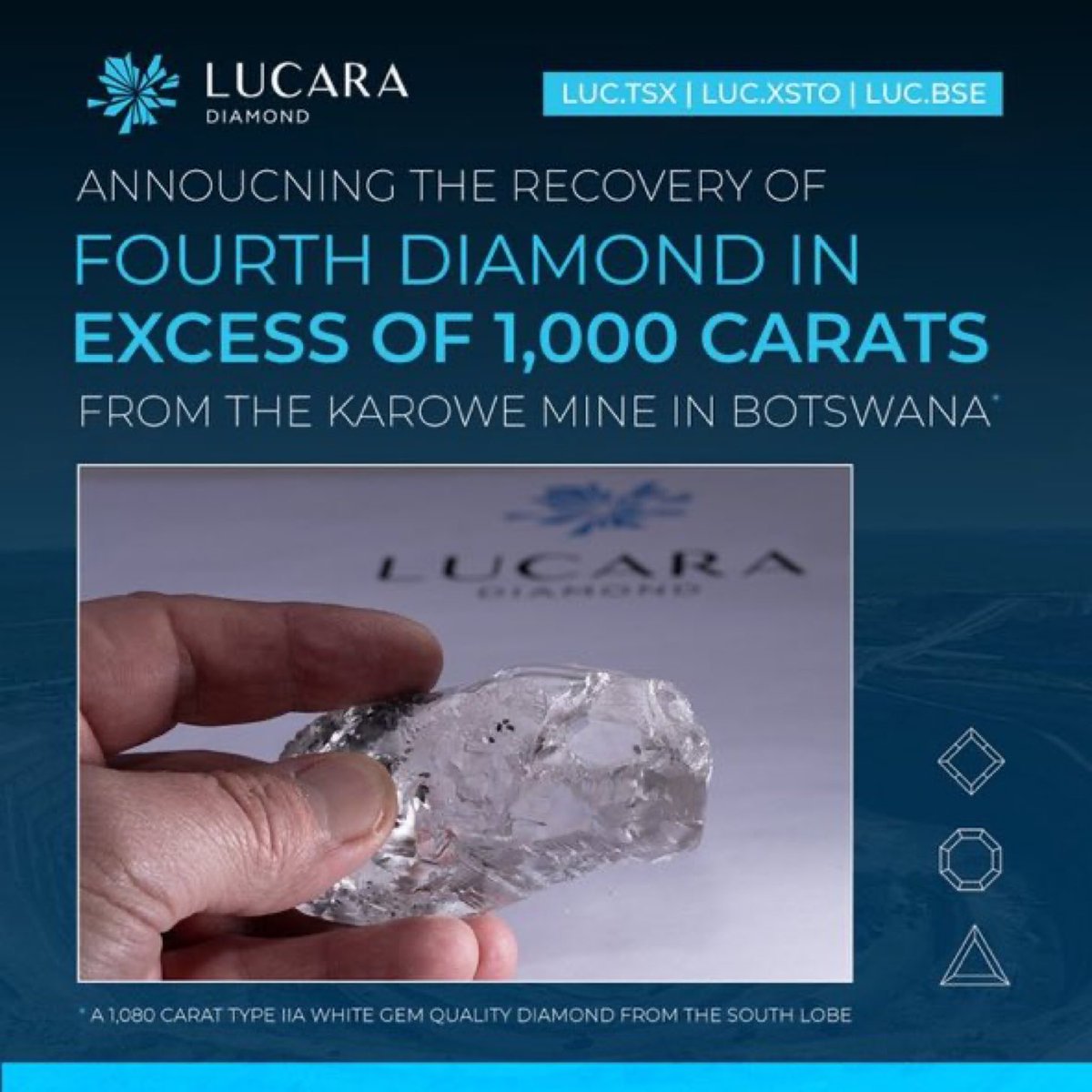 Another major diamond find for @LucaraDiamond 💎 
The latest recovery of a 1,080.1 carat Type IIa white gem quality #diamond. This find is Lucara’s fourth recovery of over 1,000 carat in #Botswana
For more details please see the press release here: 
👉🏾bit.ly/3QxlKUT