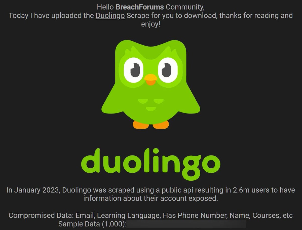 DerechodelaRed's tweet photo. A principios de año, se obtuvieron de Duolingo 2,6 millones de registros de una API vulnerable, que hoy se han publicado en un foro de ciberdelincuentes. 

Los datos incluían:

▶️ Nombre, 
▶️ Correo electrónico, 
▶️ Nombre de usuario 
▶️ Progreso de aprendizaje. 

Si quieres comprobar si tus datos están en la filtración, el 100% de los datos ya estaban en disponibles en @haveibeenpwned
