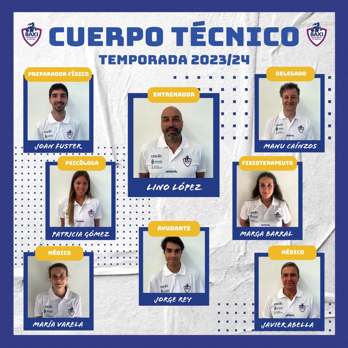UniFerrol's tweet photo. Ahora que ya está al completo, os podemos presentar el cuerpo técnico del BAXI Ferrol para la temporada 2023/24.

Lino López mantiene parte de la estructura y refuerza el equipo de trabajo para el día a día.
#HumildadyTrabajo
#ContamosContigo https://t.co/oklKBLHNUP