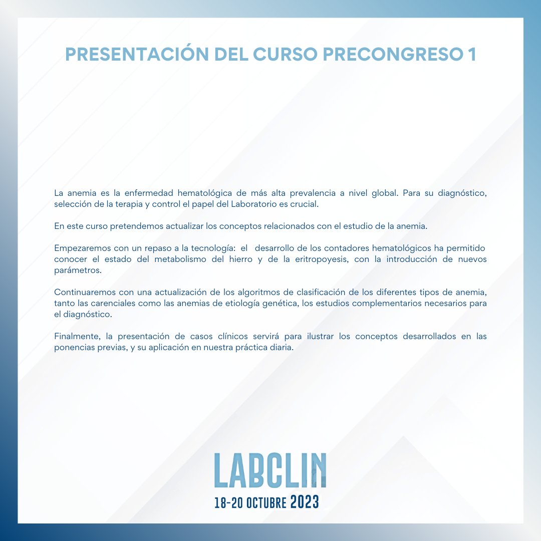 <a href="/aebmorg/">AEBM-ML</a> <a href="/aefa_es/">AEFA</a> @SEQC_ML La Dra. Eloísa Urrechaga (<a href="/osakidetzaEJGV/">Osakidetza</a>) moderará el curso, que contará con la participación de los Dres. Ángel Molina (<a href="/hospitalclinic/">Hospital Clínic</a>), Sandra Gómez, Cristian Morales-Indiano (<a href="/XtianMI9/">Cristian MI</a>, <a href="/hgermanstrias/">Hosp. Germans Trias</a>) y Paula Argente (<a href="/SonEspases/">HU Son Espases</a>) #LABCLIN2023
labclin2023.es/index.php/insc…