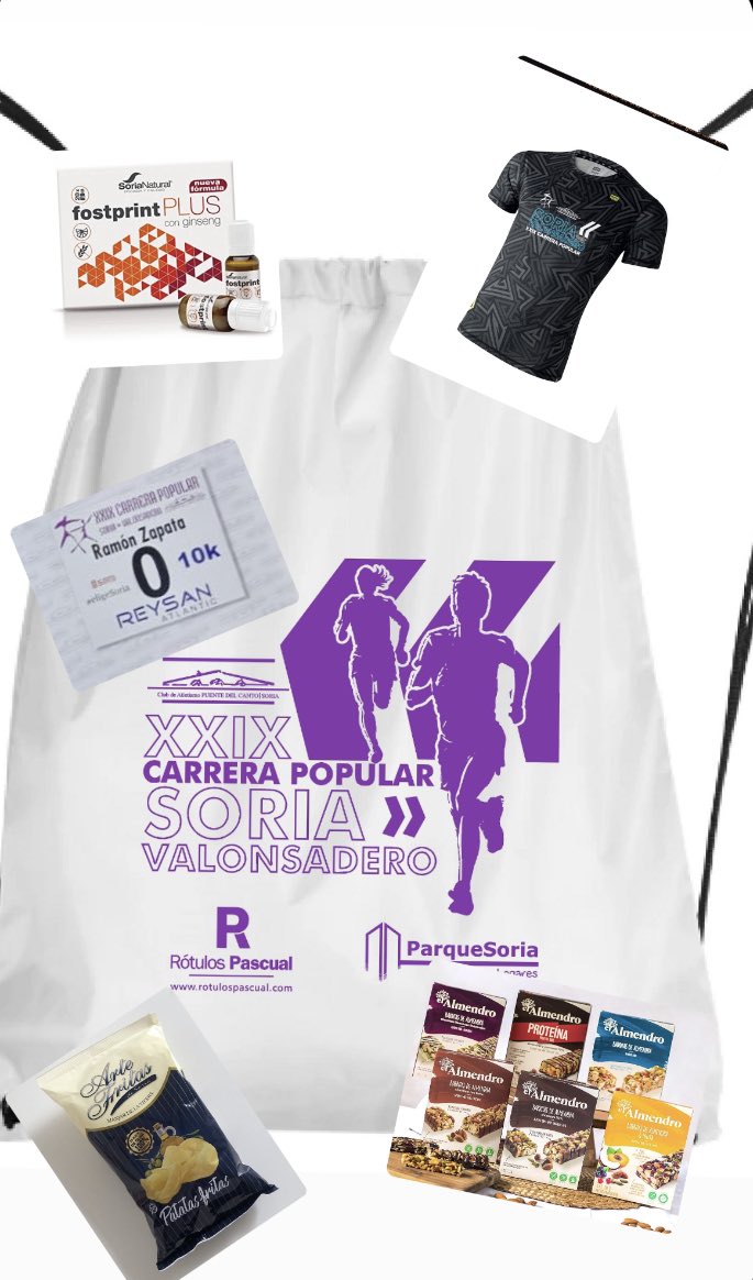 PuentedelCanto's tweet photo. Bolsa Corredor 
* Dorsal Chip
* Camiseta conmemorativa
* Barrita Energética El Almendro
* Fost Print Plus Soria Natural 
* Patatas Fritas Arte Fitras

Bolsa Meta
* Aquarius
* Pieza Fruta
* Bocata
* Helado
* Vale consumición 🍻

https://t.co/GM9arloKE3 https://t.co/467ONw3LQa