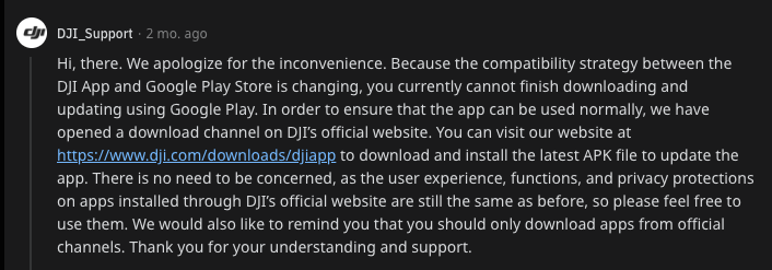 hakanu_'s tweet photo. it's weird that in 2023 I still need to install DJI apps (Fly &amp; Mimo) from apk rather than play store. Yet there's no official explanation from @DJIGlobal about the reasoning apart from "faster updates". Well, usually new apks go into production in a couple of hours throguh store https://t.co/DKxVj0iISP