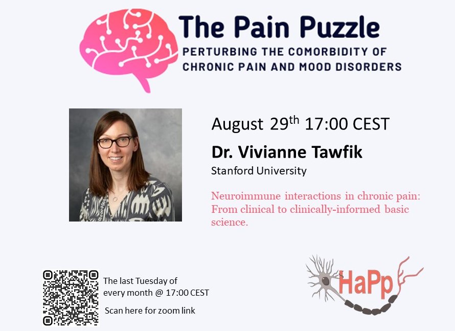 Back to school: very excited to share the next edition of The Pain Puzzle on Tuesday, Aug 29th. Dr. Vivianne Tawfik from Stanford University will be giving a talk entitled "Neuroimmune interactions in chronic pain: From clinical to clinically-informed basic science". Tune in!🙌