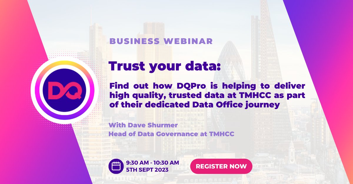 🔥Discover the power of data integrity and quality with our #webinar : "Trust Your Data: Find out how DQPro is helping to deliver high quality, trusted data at TMHCC as part of their dedicated Data Office journey "
👉Register now 
eventbrite.co.uk/e/trust-your-d…