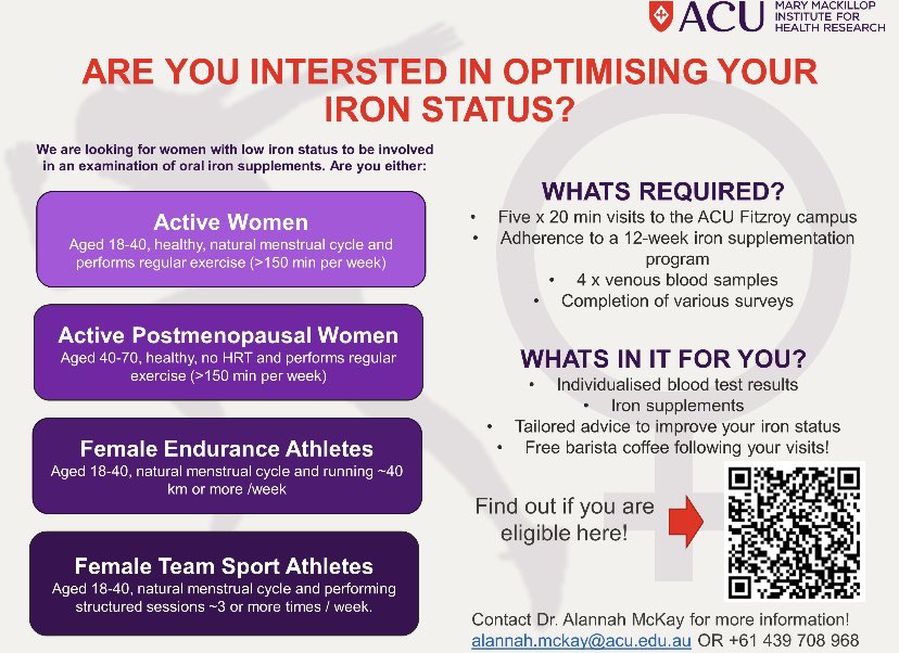 Alannah McKay (@mckayalannah) on Twitter photo We are recruiting for our next iron- related project in MELBOURNE. We are looking for women with low iron stores (criteria below) ⬇️
Find out if you are eligible here: redcap.acu.edu.au/surveys/?s=9PE…
Please share widely! <a href="/MacKillopACU/">MacKillopInstitute</a> <a href="/ACU_HDR/">ACU Higher Degree Research</a> <a href="/ACUmedia/">Australian Catholic University</a> We are recruiting for our next iron- related project in MELBOURNE. We are looking for women with low iron stores (criteria below) ⬇️
Find out if you are eligible here: redcap.acu.edu.au/surveys/?s=9PE…
Please share widely! <a href="/MacKillopACU/">MacKillopInstitute</a> <a href="/ACU_HDR/">ACU Higher Degree Research</a> <a href="/ACUmedia/">Australian Catholic University</a>