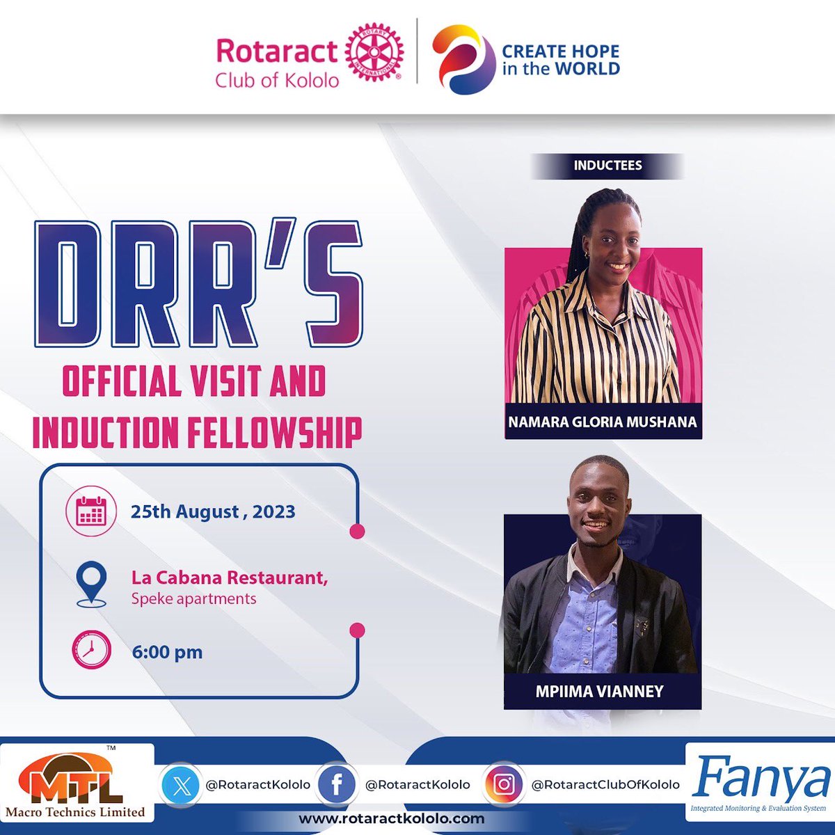 rotaractkololo's tweet photo. This Friday as @EmmaLukeera makes his official visit to our club, we're honored to witness the induction of two exceptional individuals. Their selfless dedication to serving others sets them apart. Let's come together to celebrate their milestone. #TheWarriors #RotaractInduction https://t.co/aw68yleNfk