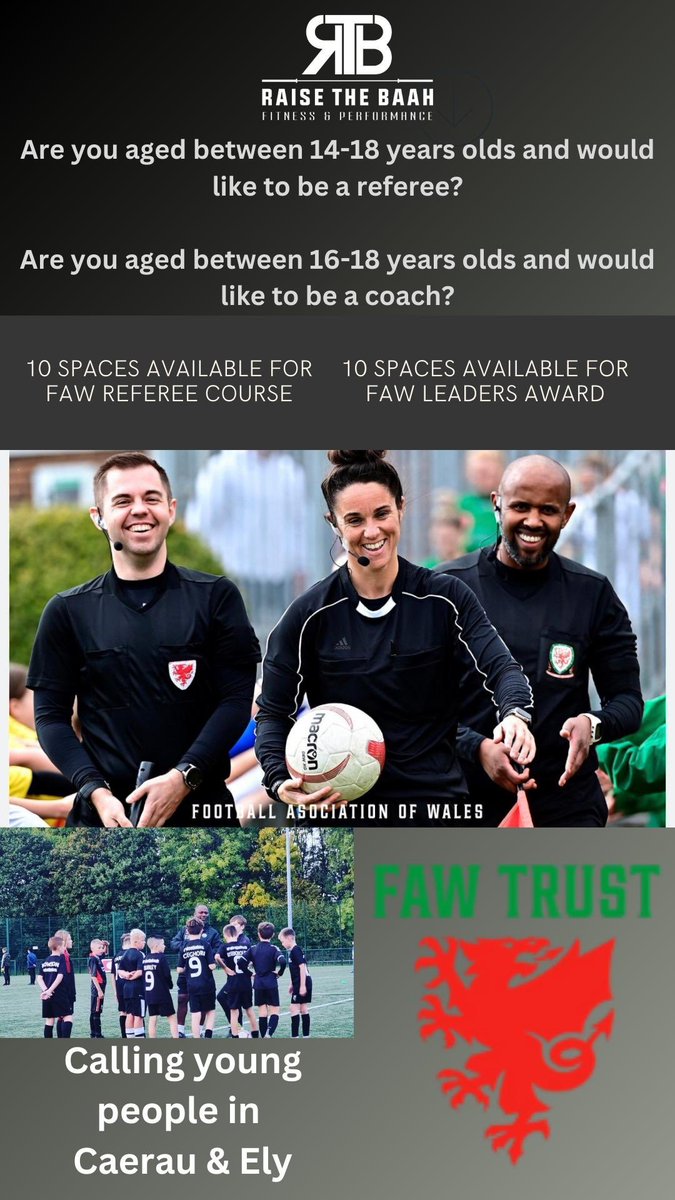 raisethebaah's tweet photo. *RTB FAW LEADERS &amp; FAW REFEREE COURSE*

We have been given the opportunity to offer *10 FREE* (costs covered by RTB) spaces for young people *aged 14-18* to complete the FAW Referee course whilst working with Raise The Baah…….. https://t.co/7H1K9VNxma