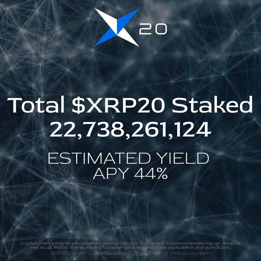 XRP_20's tweet image. Boost your #Crypto gains with the $XRP20 #Staking Benefits!🔒

📊 Important Figures:

🌟Tokens Staked: 22,738,261,124
💰Projected Earnings: Outstanding 44% APY
⏳After your initial claim, a 7-day lockup period applies

Become part of the vibrant #XRP20Army and start your journey…
