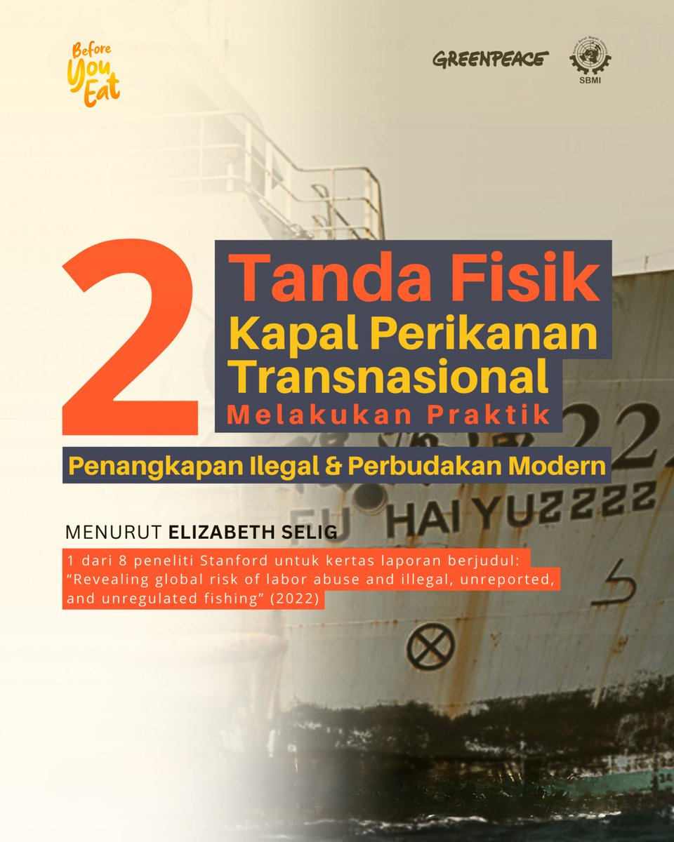 BeforeYouEatID's tweet photo. Sekarang kamu bisa tahu, bahwa bendera asal negara dan alat pemindahan hasil tangkapan pada kapal perikanan, menjadi dua tanda utama kapal melakukan dugaan praktik penangkapan ilegal (IUU fishing) dan perbudakan pada awak kapal.

#StopIUUFishing
#StopPerbudakandiLaut https://t.co/PHj6IcIMYR