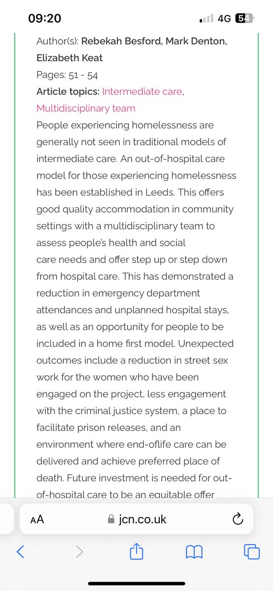 KeatLiz's tweet image. A look at our Out of Hospital Care Model in Leeds. How de we deliver Home First without a home? Co Written with Leeds colleagues @LCHNHSTrust @expertfocus_ @SaferLeeds @LeedsHospitals @Eloise_Pear 
 jcn.co.uk/journals/issue…