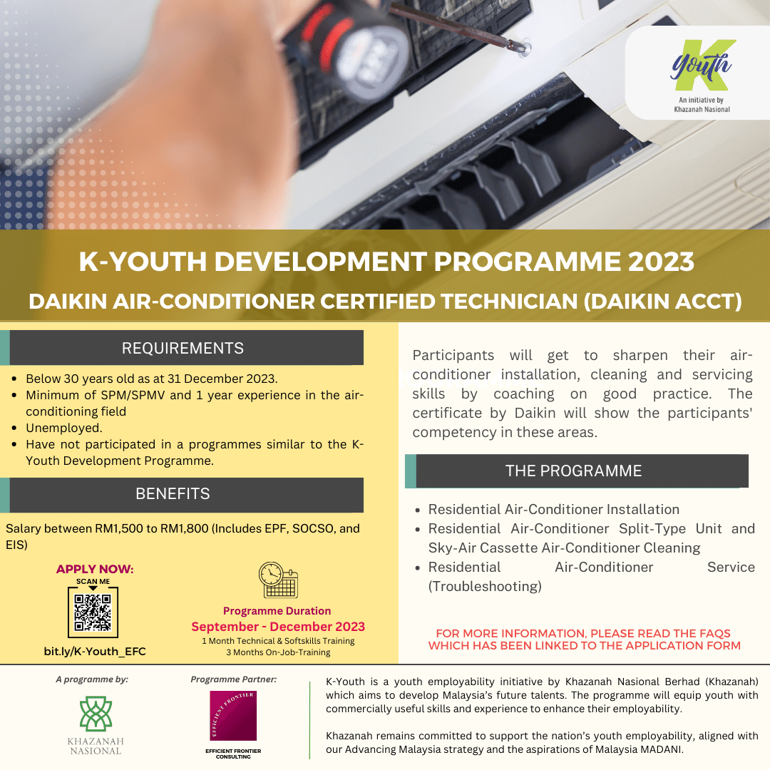 4-month TVET Train and Place Programme. All paid for!
 
Apply to the K-Youth Development Programme today - bit.ly/K-Youth_EFC !  

#TVET #Skill #Technician #career #education #malaysiangraduates #jobseeker #freeeducation  #JobPlacements #upskillforfree #jobseeker #KYouth