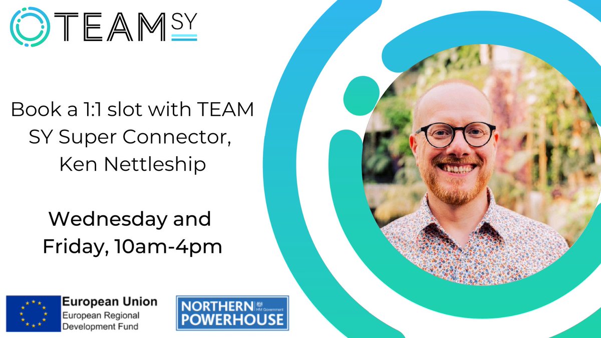 Don't forget you can book a 1:1 slot with TEAM SY Super Connector Ken Nettleship today from 10-4. Come along to discuss your business pain points, and get help to find the right support and resources for you! bit.ly/3OLpLmf