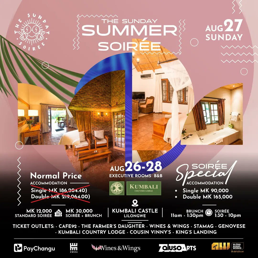 kumbalilodge's tweet photo. Join us for an unforgettable summer soirée happening on 27 Aug and  indulge in our exclusive Soiree special on accommodation :

Mk90000 - Single occupancy 
Mk165000 - Double occupancy 

Book now on +265 999 963 402

#summersoirée 
#bougiesummer
#kumbalicastle https://t.co/mEoQxEnHkw