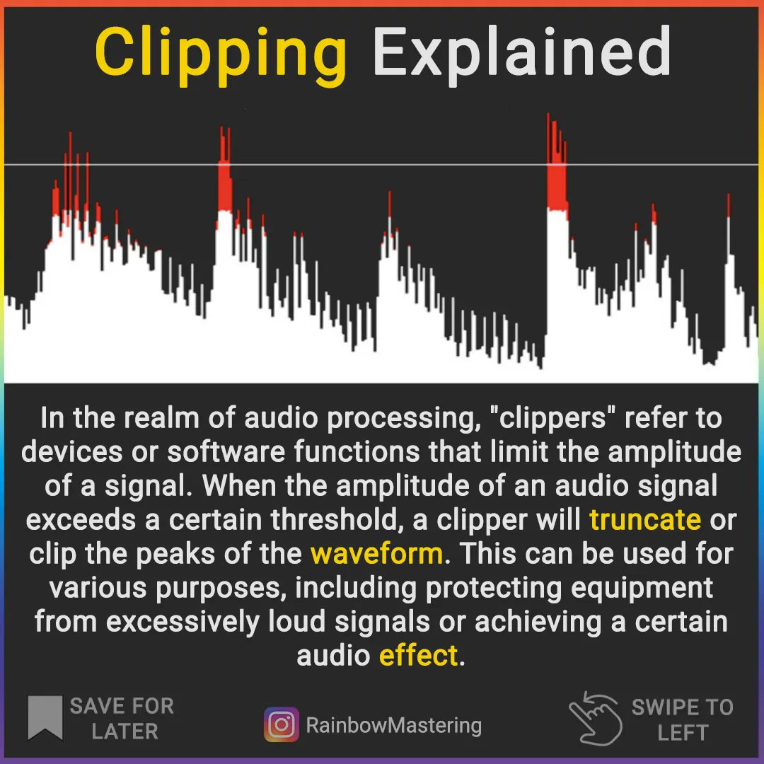Rbmastering's tweet image. Clipping occurs when audio peaks are &quot;clipped&quot;, causing distortion. It can be intentional or unwanted. Soft clipping smooths, while hard is abrupt. Used in audio for dynamics and tone. #AudioBasics 🎵🔊