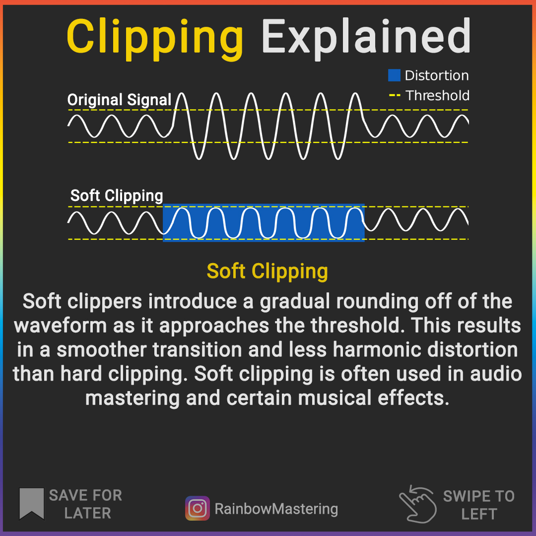 Rbmastering's tweet image. Clipping occurs when audio peaks are &quot;clipped&quot;, causing distortion. It can be intentional or unwanted. Soft clipping smooths, while hard is abrupt. Used in audio for dynamics and tone. #AudioBasics 🎵🔊