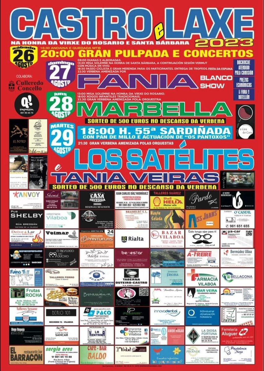 ConcCulleredo's tweet photo. 🥳 Esta fin de semana, celébranse as festas de #CastroLaxe, onde poderedes desfrutar dunha gran pulpada, concertos, un paseo ciclista, xogos infantís e tradicionais...

Non as perdades! 🥰 https://t.co/xyY4jdSoAM