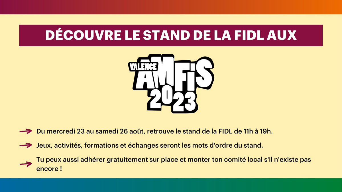 gThomasAlves's tweet photo. Cette année, la #FIDL est présente aux #Amfis2023 et tiendra un stand 🎪
Alors n’hésite pas à venir nous voir pour adhérer, discuter, ou jouer !
Pour plus d’infos ▶️ en DM. https://t.co/l0EuFaEjzx