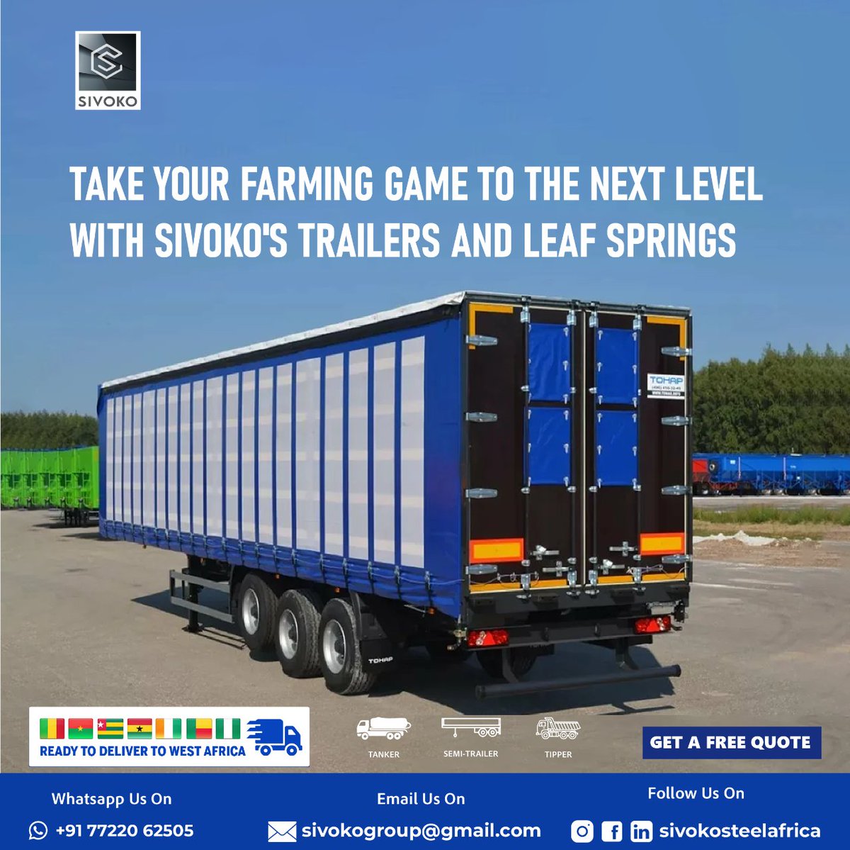Trailers and Quality Spare Parts - Empowering Smooth Travels, Bolt by Bolt.

Whatsapp us: +917722062505
Email us: Sivokogroup@gmail.com

#sivokoflatbedtrailers #transportationsolutions #heavydutyhauling #versatiletrailers #reliabletransport #efficientlogistics