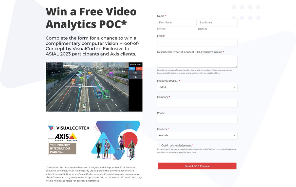 VisualCortex (@visualcortexapp) on Twitter photo Win a free video analytics POC: bit.ly/3YSjWYQ
#ComputerVision software developer <a href="/VisualCortexApp/">VisualCortex</a> is giving <a href="/AxisIPVideo/">Axis Communications</a> clients & @Security_Expo 2023 delegates the chance to win a complimentary Proof-of-Concept.
<a href="/asial_au/">ASIAL</a> #asial #Security2023 #videoanalytics Win a free video analytics POC: bit.ly/3YSjWYQ
#ComputerVision software developer <a href="/VisualCortexApp/">VisualCortex</a> is giving <a href="/AxisIPVideo/">Axis Communications</a> clients & @Security_Expo 2023 delegates the chance to win a complimentary Proof-of-Concept.
<a href="/asial_au/">ASIAL</a> #asial #Security2023 #videoanalytics