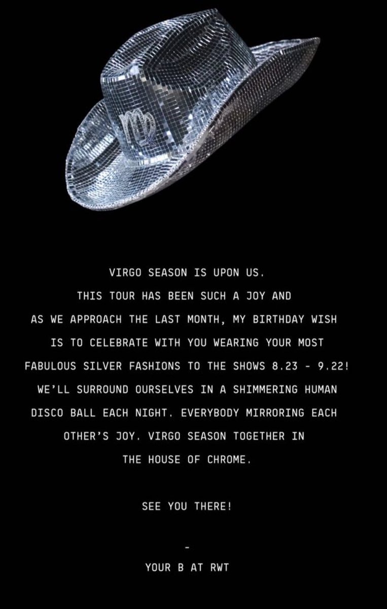 BeyLegion's tweet photo. Beyoncé requests silver and chrome fashions to celebrate Virgo season and "the last month" of The #RENAISSANCEWorldTour. 🪩 https://t.co/sBKOqOWhte