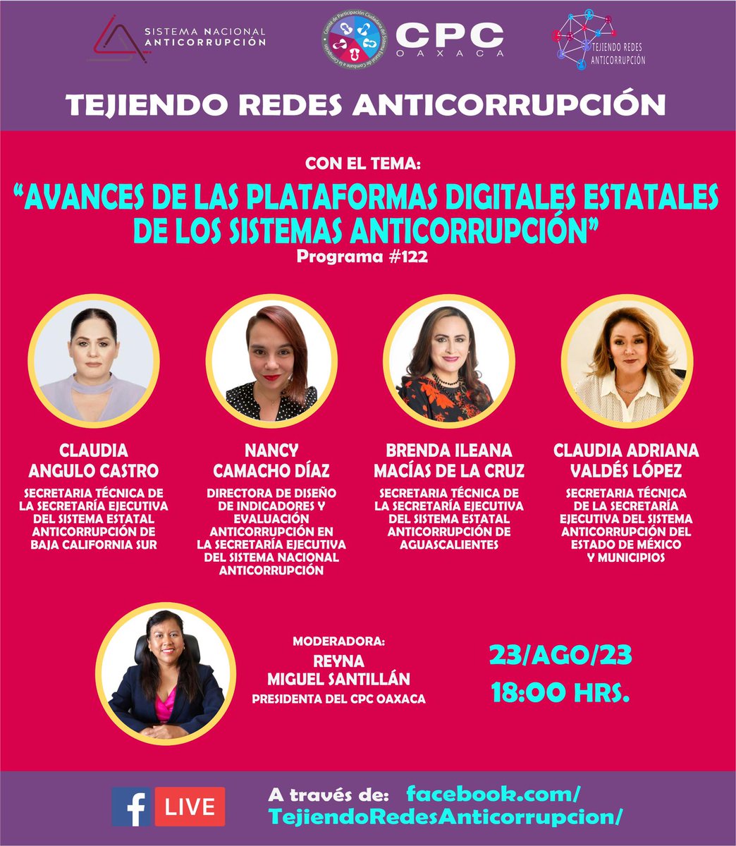 ¡Es Hoy! ¡Es Hoy!
#NoTePierdas Conversatorio: 'Avances de las plataformas digitales estatales de los Sistemas Anticorrupción”, con la participación de Claudia Angulo de @SESEA_BCS; @NancytaCamacho de @SESNAOficial; @BrendaMacias78 de @AnticorrupAgs y @Claudia_ValdesL de @SESAEMM_