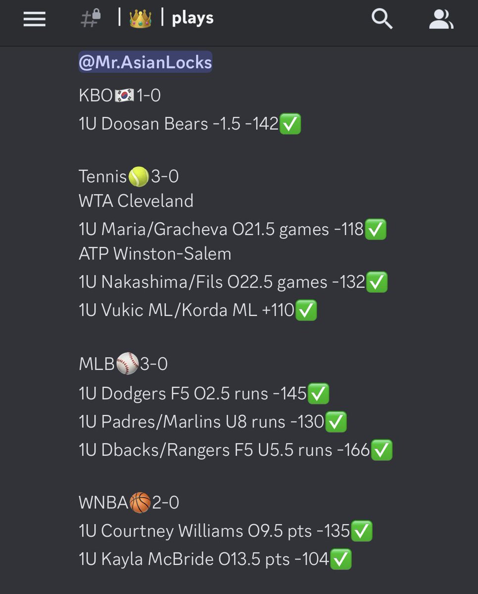 🔮CHANCE TO JOIN VIP‼️

Choosing 10 people for a free week of VIP📝

• Must RT + Like 

• Follow <a href="/Asianlocks2Mr/">Mr.Asianlocks🥷</a> 

Last week to join VIP for $10 for the month! Use promo: AUGUST10

Link in my bio ‼️

VIP ENDS THE DAY 9-0 WE ARE ON 🔥

#GamblingTwitter #KBO #MLB #WNBA #Tennis