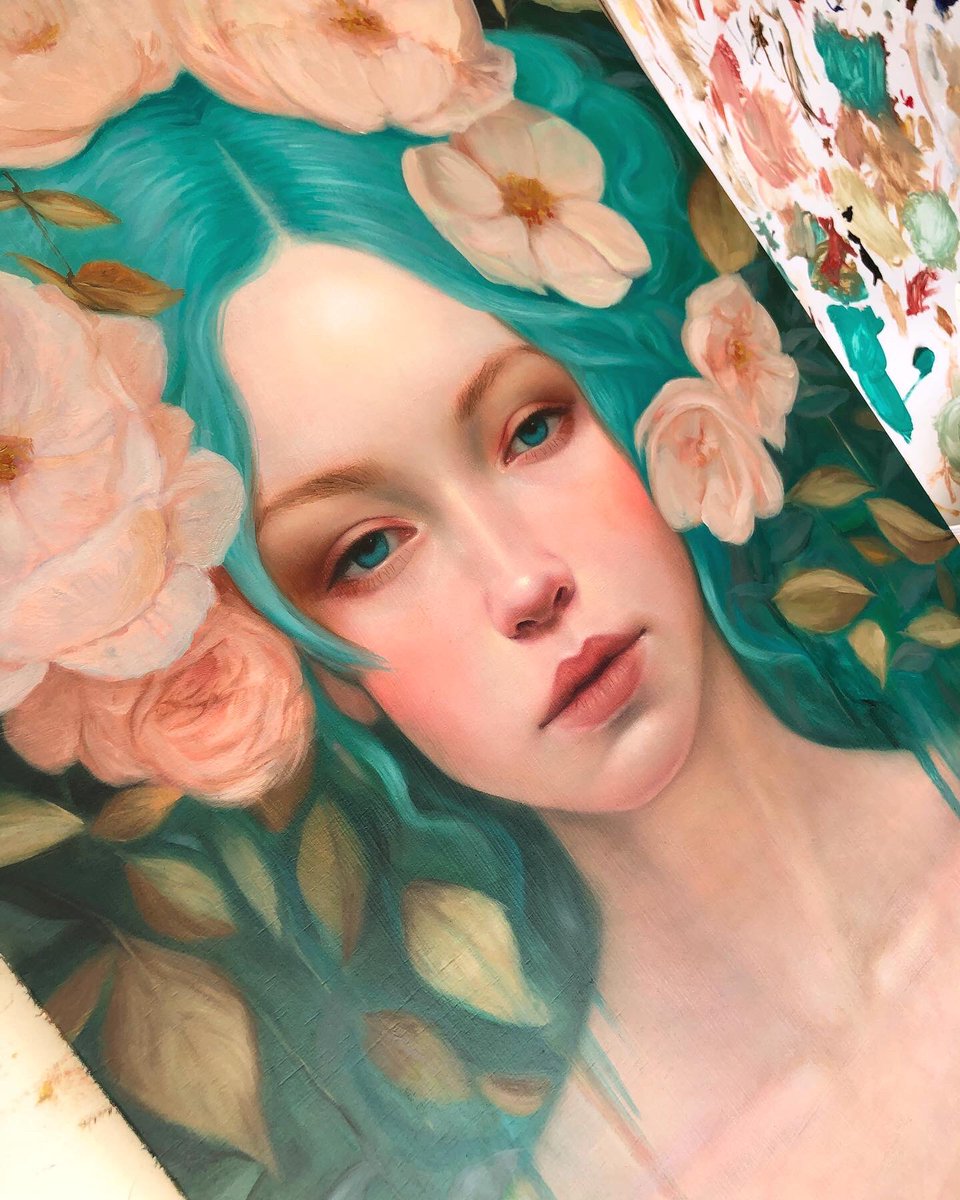 MeredithMarsone's tweet photo. One more session left I think to bring up the skin luminosity and add some detailing to the leaves and flowers. Super tempting to leave it here and not risk messing it all up but it’ll be worth it.
#painting #contemporarypainting #figurativepainting #portrait #art #oilpaint #wip https://t.co/A3ZdO9OBwV