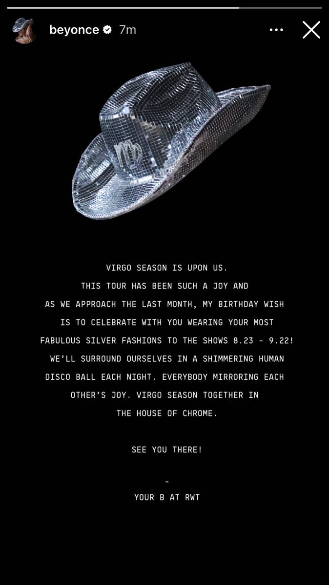 bchartsnet's tweet photo. 🚨Sem passagem pelo Brasil, Beyoncé confirma o mês de setembro como o ÚLTIMO da "Renaissance World Tour".

Via stories, ela pediu para que fãs usem roupas prateadas nos últimos shows da turnê, que vão ocorrer nos Estados Unidos, em comemoração a “Virgo Season” e seu aniversário. https://t.co/M7xVRLZeEQ