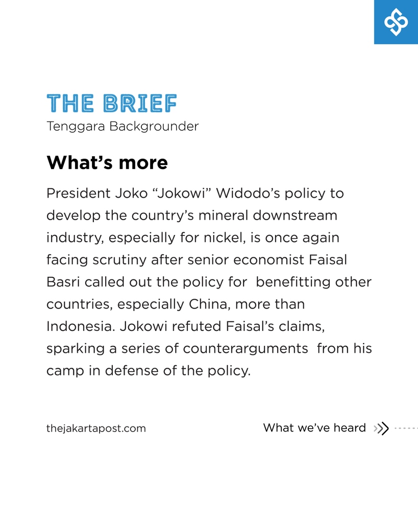 jakpost's tweet photo. Tenggara Backgrounder
Govt, Faisal Basri lock horns over downstream nickel policy
(Want to read more? Visit https://t.co/fyCSR33mST)
#tenggarabackgrounder #thebrief #Hilirisasi #Downstreaming #FaisalBasri #Jokowi #Kemenkomarves https://t.co/jpqVCtYibR