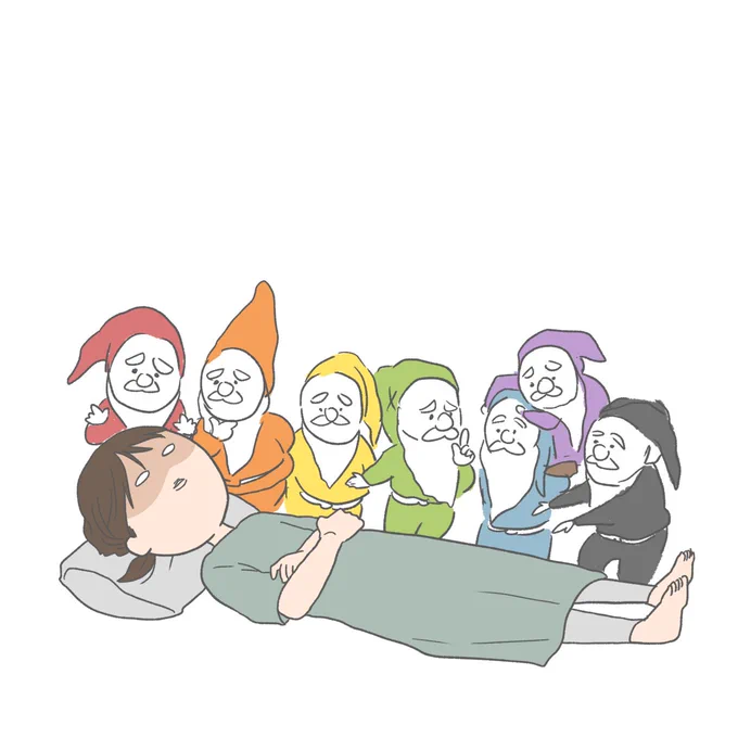3時にやっと寝れて 4時に起こされた女の図(小人を添えるとファンタジーに…) 