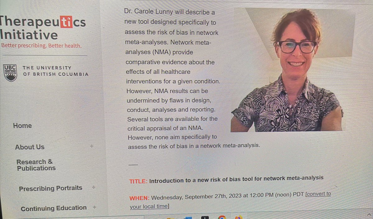 Carole Lunny (@carole_lunny) on Twitter photo Come join my free online talk on our Risk of Bias Tool for Network meta-analyses (Rob NMA) on Sept 27th at 12 noon PST at our Methods Speaker Series <a href="/Drug_Evidence/">Therapeutics Initiative</a> <a href="/cochranecollab/">Cochrane</a>
<a href="/kt_program/">Knowledge Translation Program</a> @cochranemthds
ti.ubc.ca/2023/08/22/rob… Come join my free online talk on our Risk of Bias Tool for Network meta-analyses (Rob NMA) on Sept 27th at 12 noon PST at our Methods Speaker Series <a href="/Drug_Evidence/">Therapeutics Initiative</a> <a href="/cochranecollab/">Cochrane</a>
<a href="/kt_program/">Knowledge Translation Program</a> @cochranemthds
ti.ubc.ca/2023/08/22/rob…